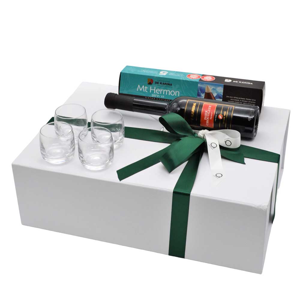 משלוח מנות | 4 כוסות לחיים ממותג LSA, ליקר ומארז שוקולדים