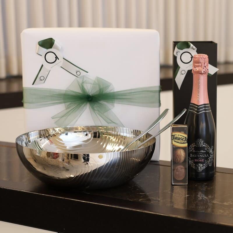 Mishloach Manos | Veneer Bowl & Servers by Alessi, Bartenura Rose Wine & Praline Chocolates