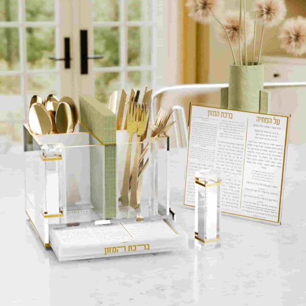 Classic Cutlery and Napkin Holder with Salt & Bencher Set, Gold - Image 2